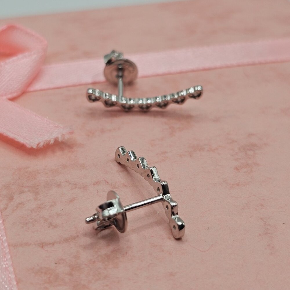 Sterling Silver 925 Rhodium Plated CZ Hearts Drop Stud Earrings - Picture 3 of 7
